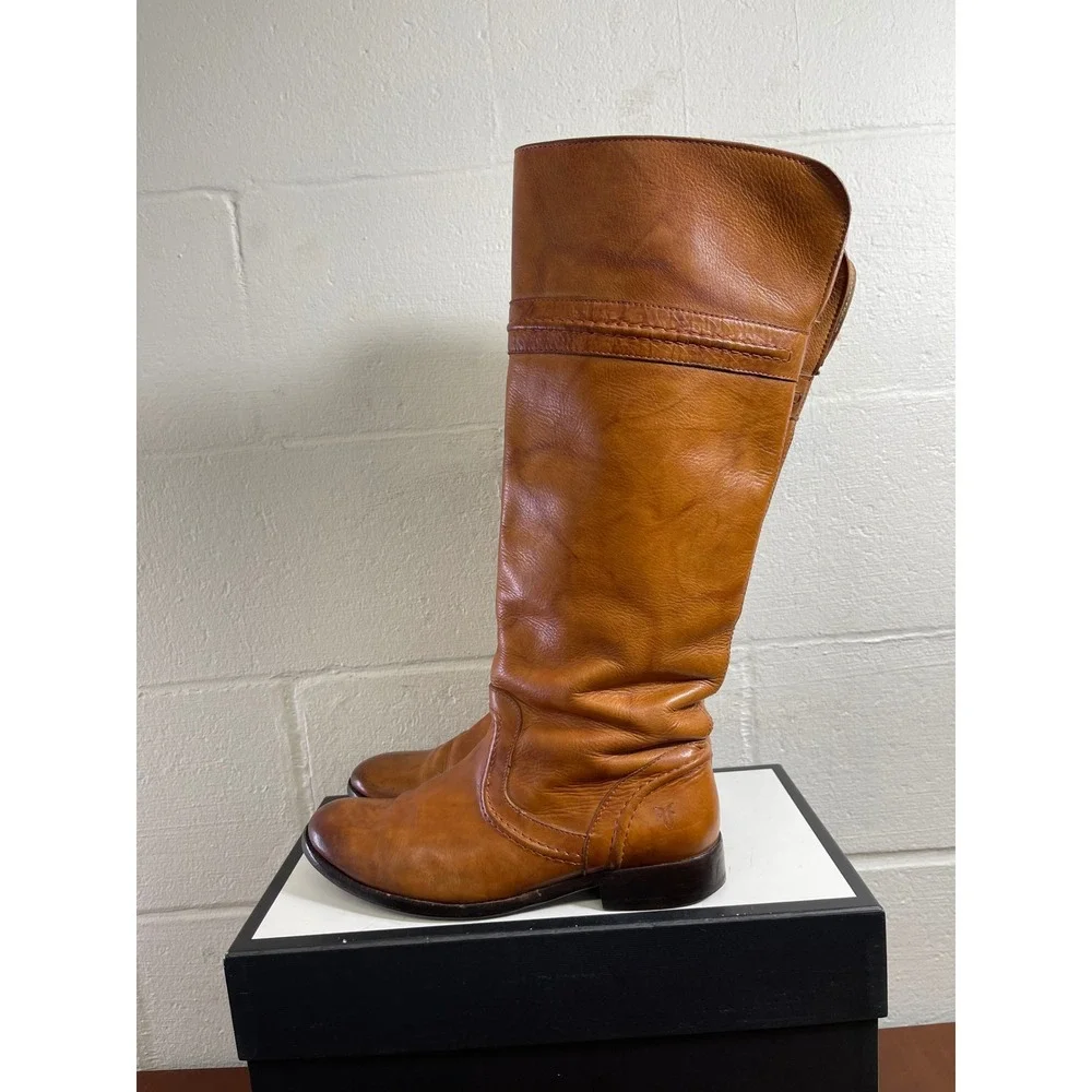 Frye Melissa 76442 Trapunto Brown Leather Tall‎ Riding Boots Pull On Women 7.5 B